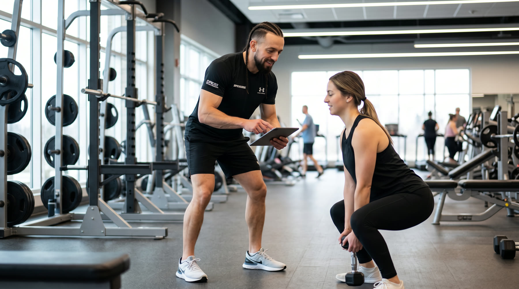 A personal trainer guiding a client through a strength exercise